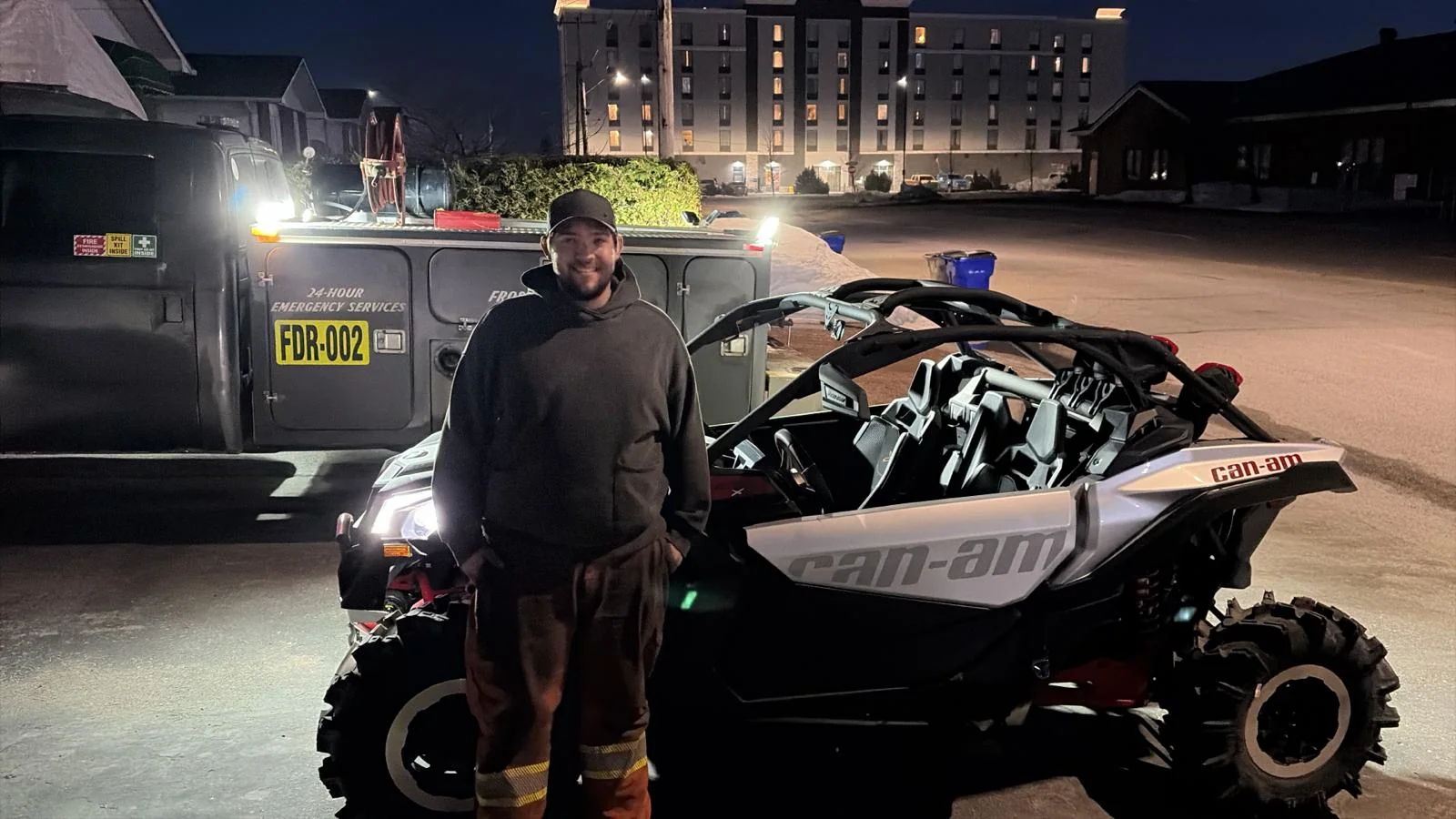 Customer with a side-by-side at night