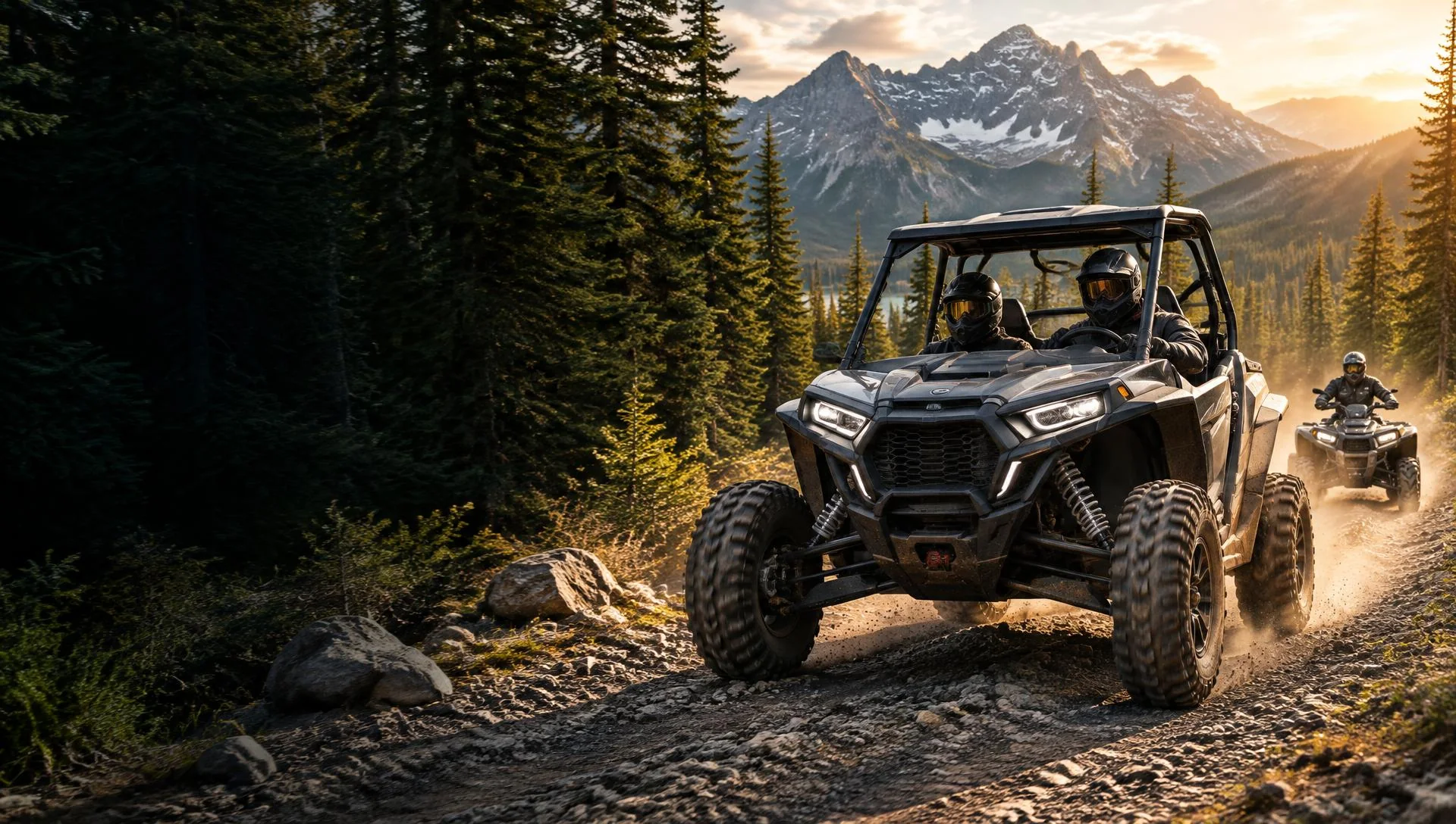 Side-by-side and ATV riders on a mountain forest trail — an illustrative powersports scene